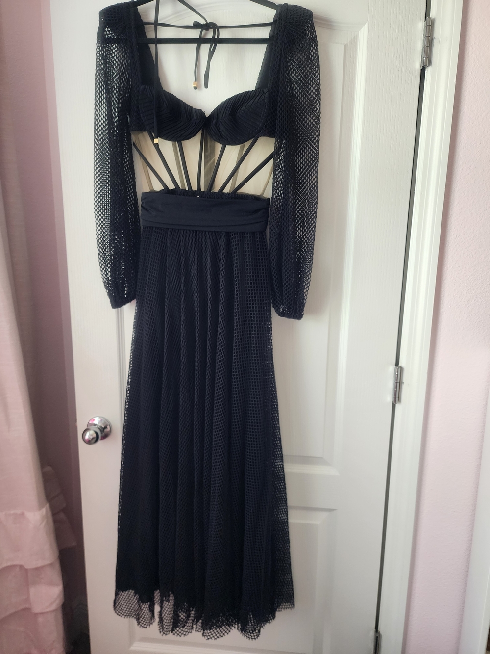 PatBo Black Mesh Long-Sleeve Evening Dress